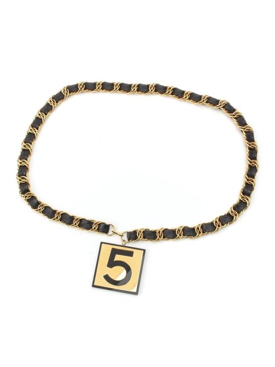 Chanel Leather Gold Plated No.5 Number Five Big Plate Chain Belt Black main image 7